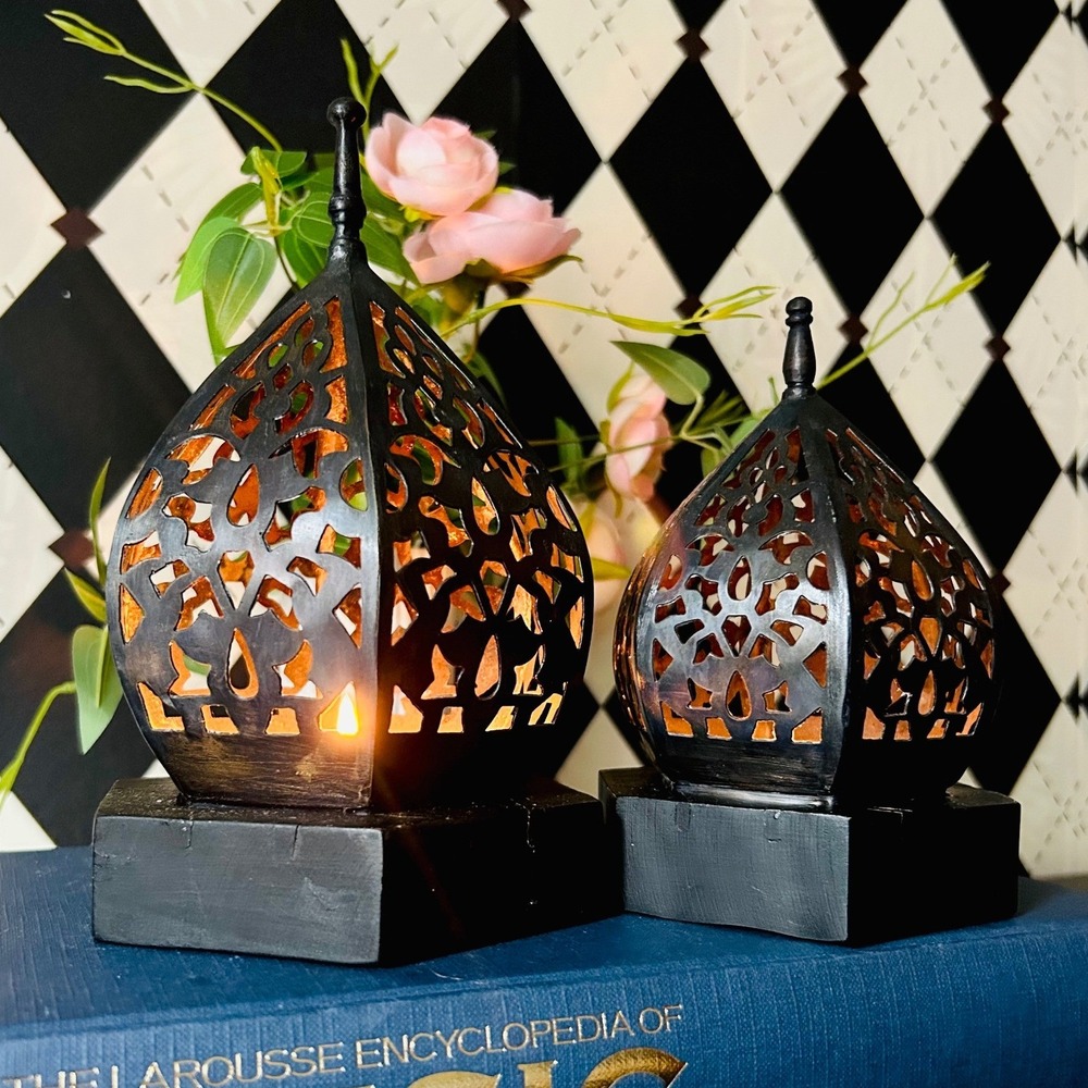 Moroccan Lantern Candleholders Black Pierced Metal‎ Decor Pair